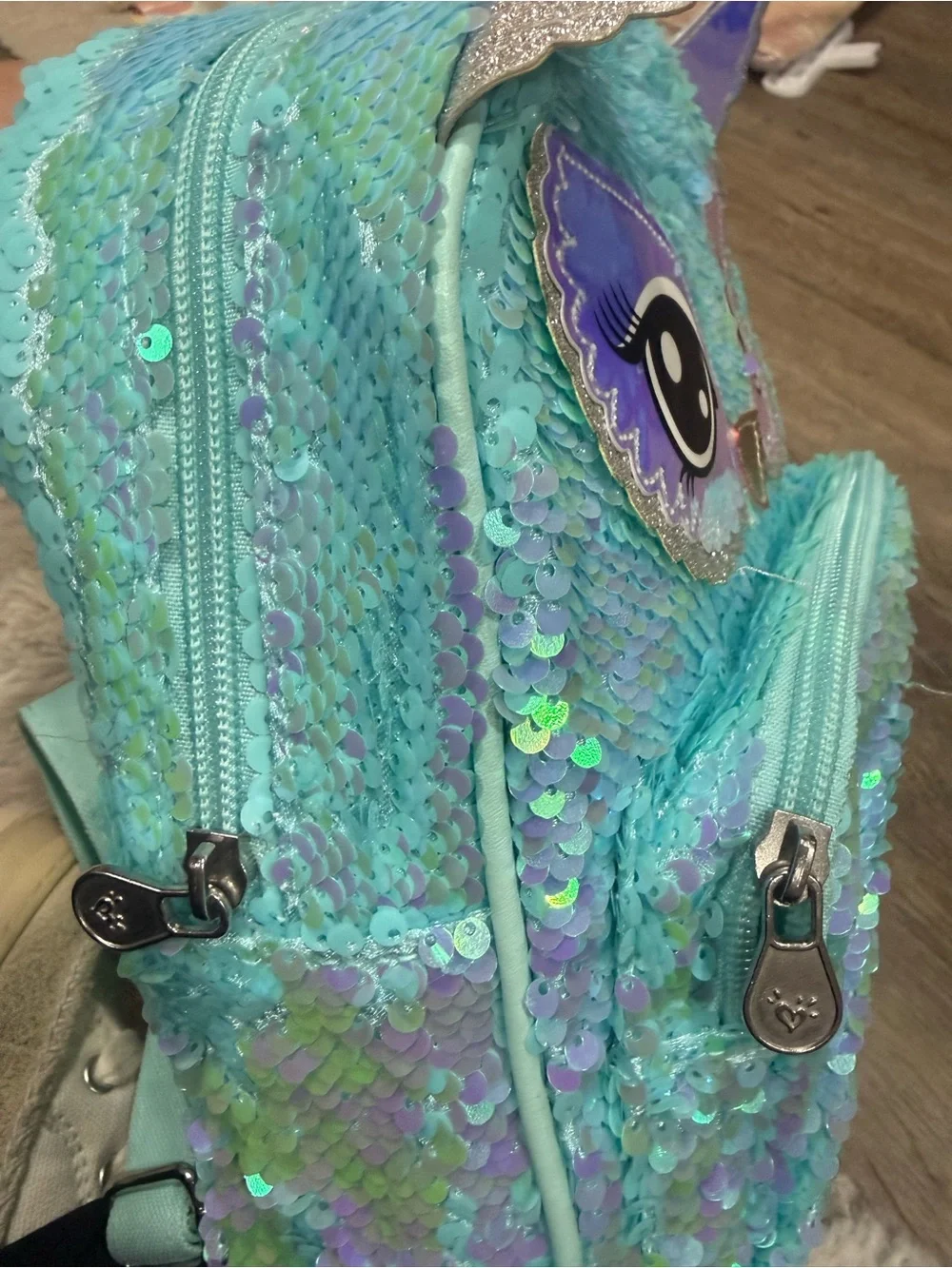 A initial Justice Aqua Blue Sequin Owl Mini Backpack 10”x8”x2.5”